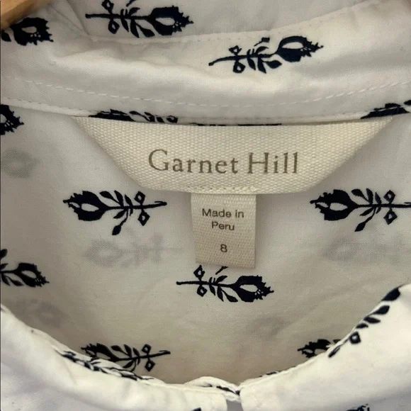 Garnet Hill Signature Organic Pima Cotton Navy Block Print Shirt in Size 8 - Picture 4 of 7